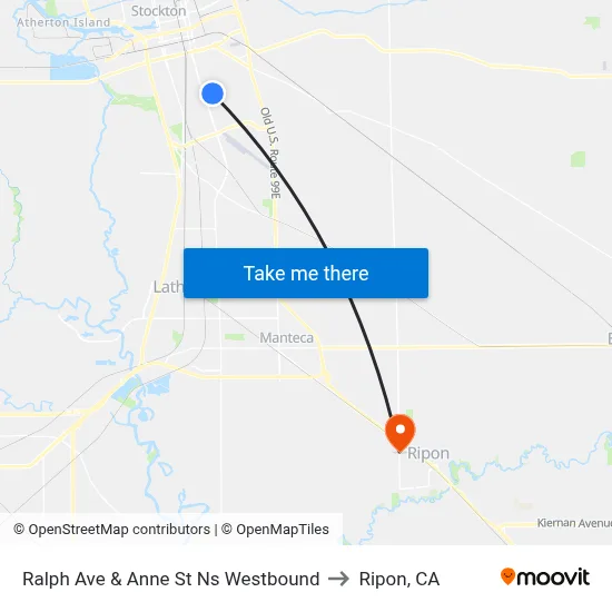 Ralph Ave & Anne St Ns Westbound to Ripon, CA map