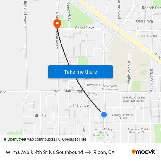 Wilma Ave & 4th St Ns Southbound to Ripon, CA map