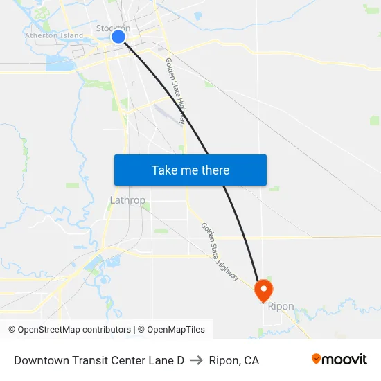 Downtown Transit Center Lane D to Ripon, CA map