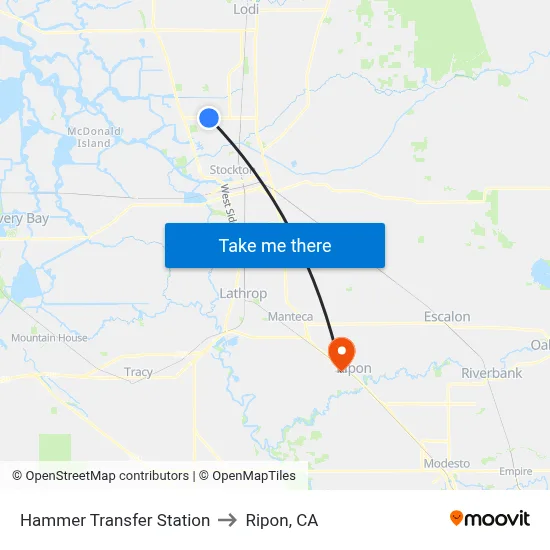 Hammer Transfer Station to Ripon, CA map