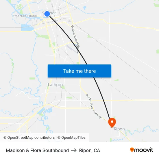 Madison & Flora Southbound to Ripon, CA map