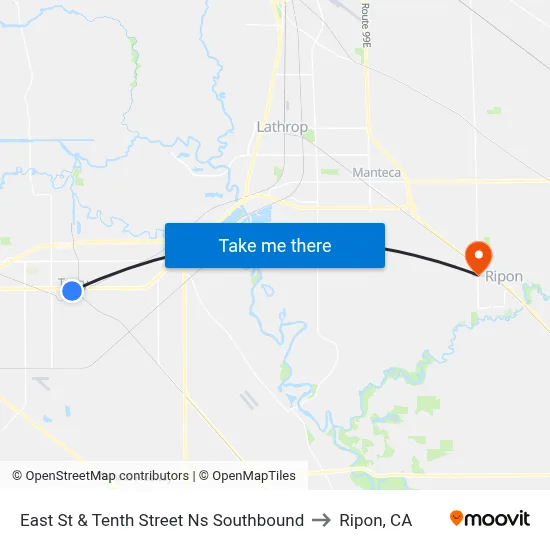 East St & Tenth Street Ns Southbound to Ripon, CA map