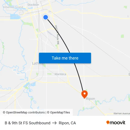 B & 9th St FS Southbound to Ripon, CA map