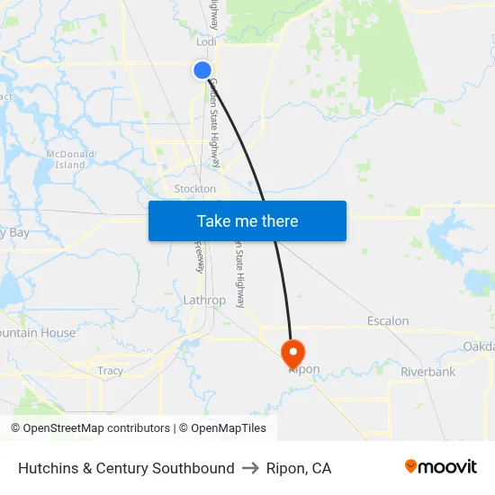 Hutchins & Century Southbound to Ripon, CA map
