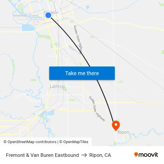 Fremont & Van Buren Eastbound to Ripon, CA map