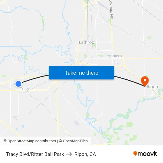 Tracy Blvd/Ritter Ball Park to Ripon, CA map