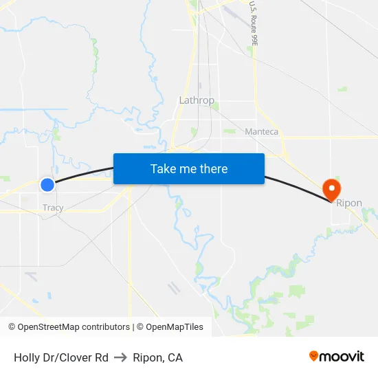 Holly Dr/Clover Rd to Ripon, CA map
