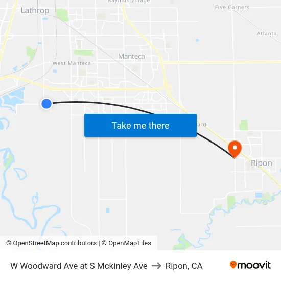 W Woodward Ave at S Mckinley Ave to Ripon, CA map