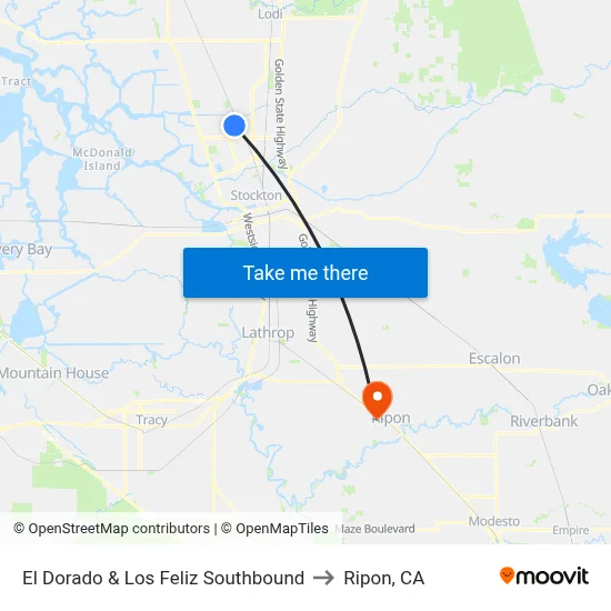 El Dorado & Los Feliz Southbound to Ripon, CA map