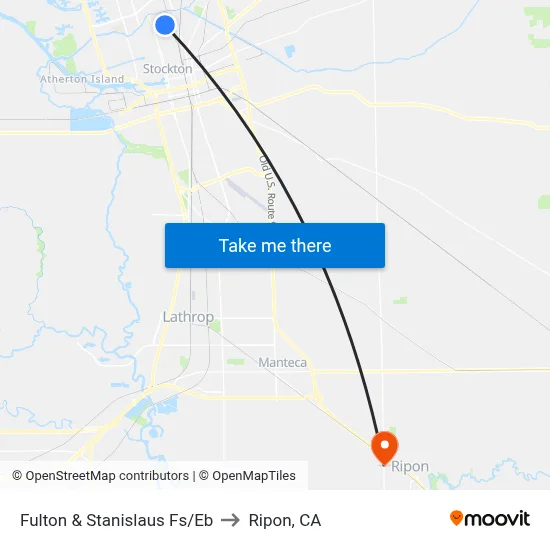 Fulton & Stanislaus Fs/Eb to Ripon, CA map