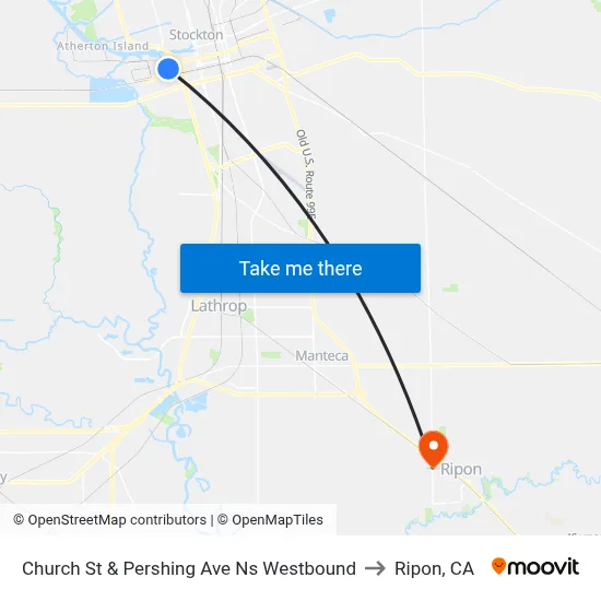 Church St & Pershing Ave Ns Westbound to Ripon, CA map