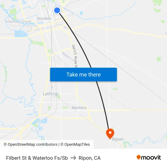 Filbert St & Waterloo Fs/Sb to Ripon, CA map