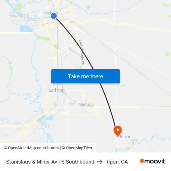 Stanislaus & Miner Av FS Southbound to Ripon, CA map