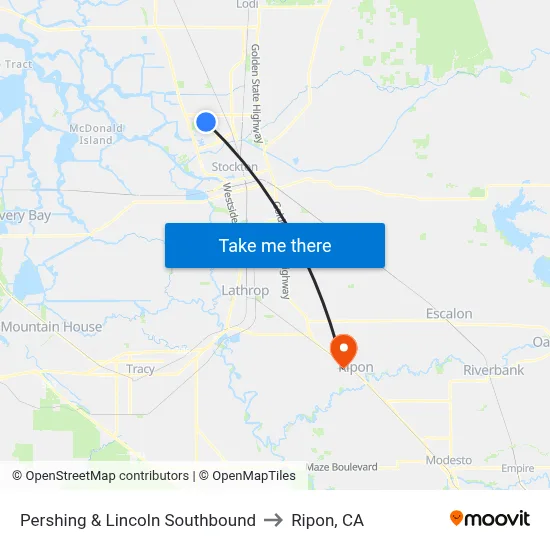 Pershing & Lincoln Southbound to Ripon, CA map
