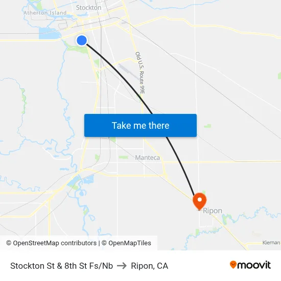 Stockton St & 8th St Fs/Nb to Ripon, CA map