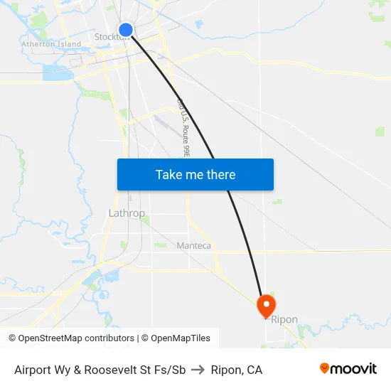 Airport Wy & Roosevelt St Fs/Sb to Ripon, CA map
