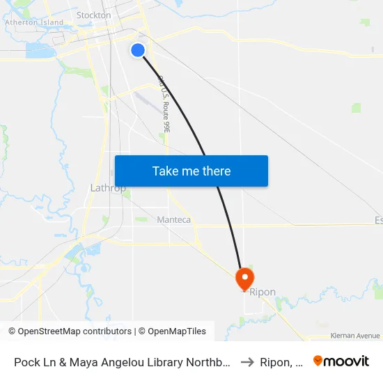 Pock Ln & Maya Angelou Library Northbound to Ripon, CA map