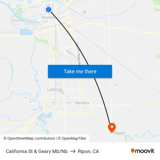 California St & Geary Mb/Nb to Ripon, CA map