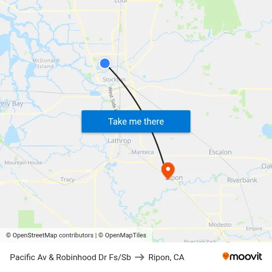 Pacific Av & Robinhood Dr Fs/Sb to Ripon, CA map