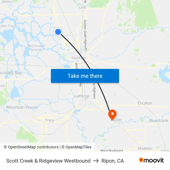 Scott Creek & Ridgeview Westbound to Ripon, CA map