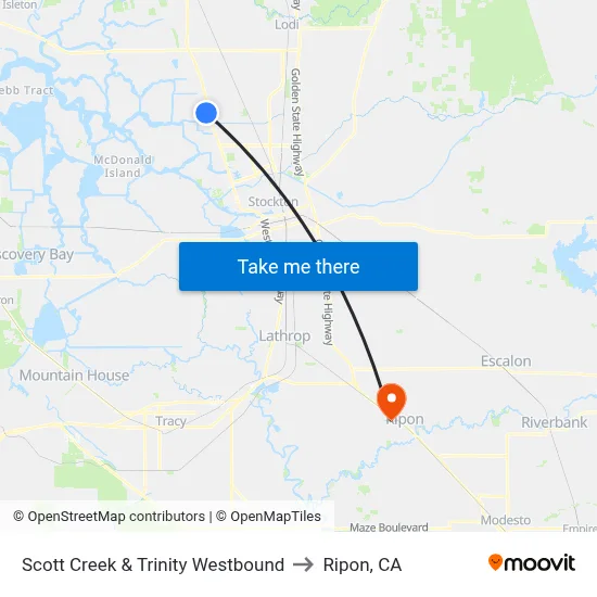 Scott Creek & Trinity Westbound to Ripon, CA map