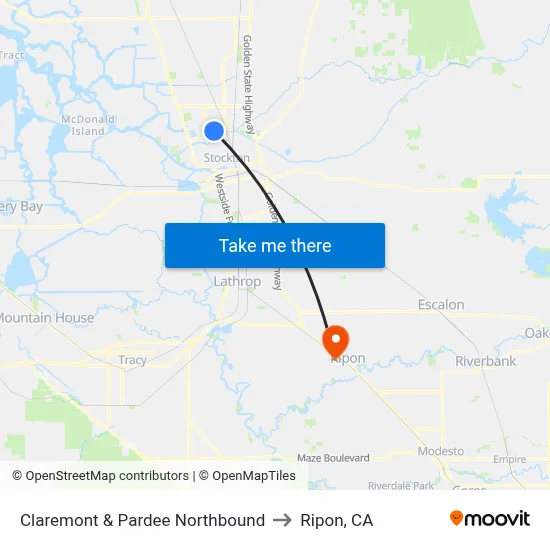 Claremont & Pardee Northbound to Ripon, CA map
