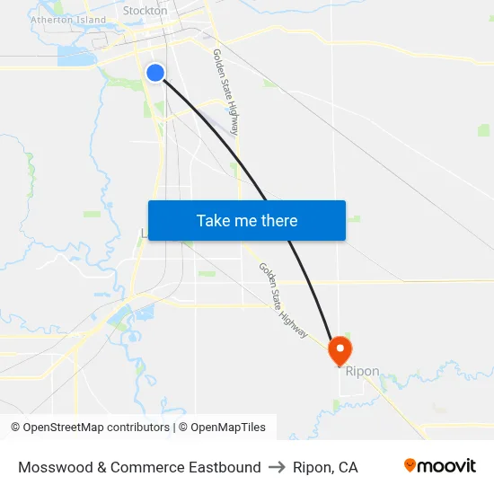 Mosswood & Commerce Eastbound to Ripon, CA map