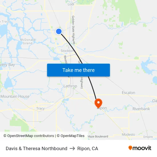Davis & Theresa Northbound to Ripon, CA map