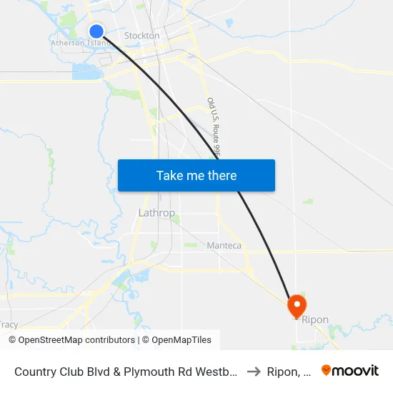 Country Club Blvd & Plymouth Rd Westbound to Ripon, CA map