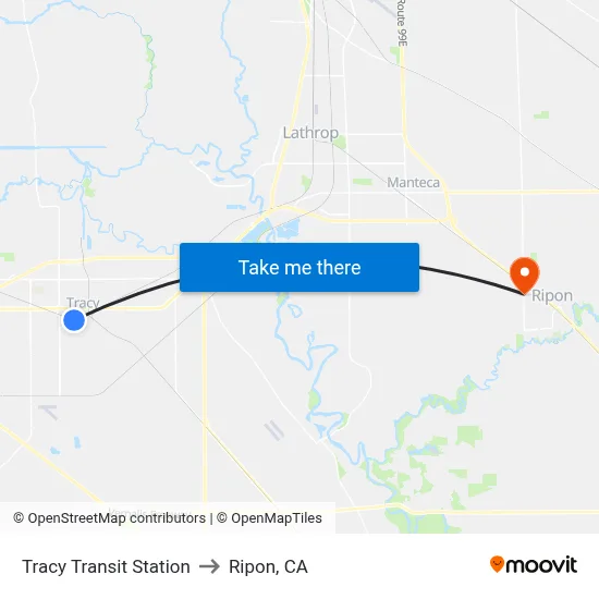 Tracy Transit Station to Ripon, CA map