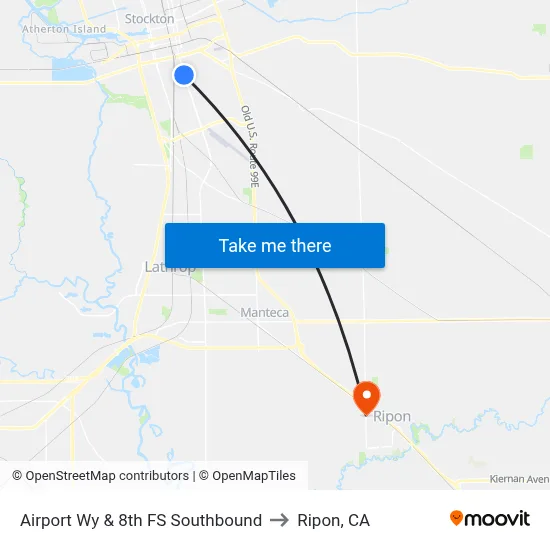 Airport Wy & 8th FS Southbound to Ripon, CA map