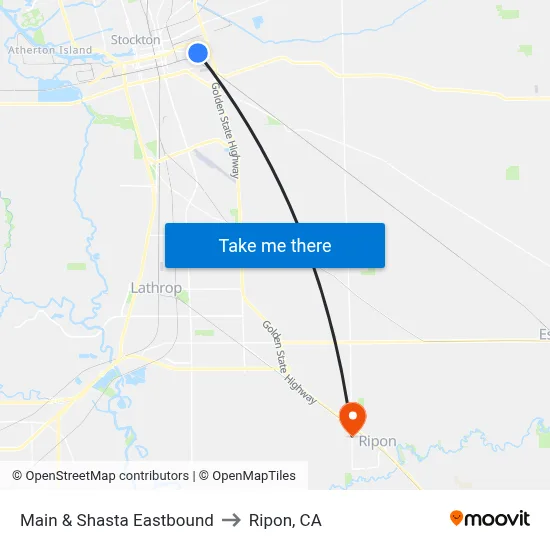 Main & Shasta Eastbound to Ripon, CA map