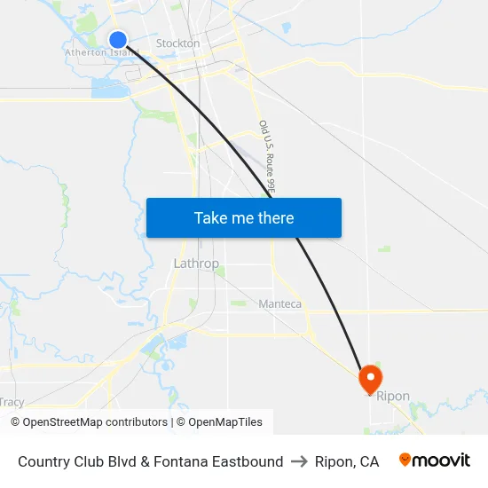 Country Club Blvd & Fontana Eastbound to Ripon, CA map