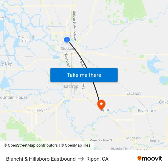Bianchi & Hillsboro Eastbound to Ripon, CA map