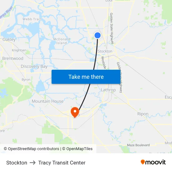 Stockton to Tracy Transit Center map