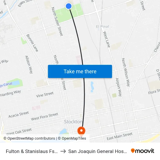 Fulton & Stanislaus Fs/Eb to San Joaquin General Hospital map
