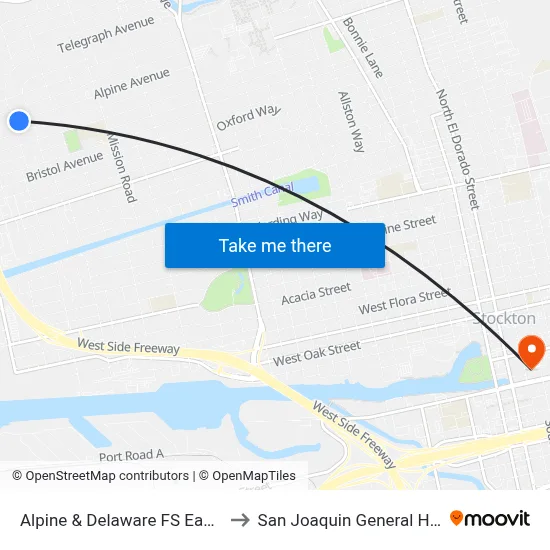 Alpine & Delaware FS Eastbound to San Joaquin General Hospital map