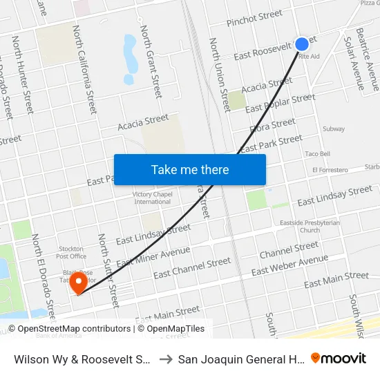 Wilson Wy & Roosevelt St Ns/Nb to San Joaquin General Hospital map