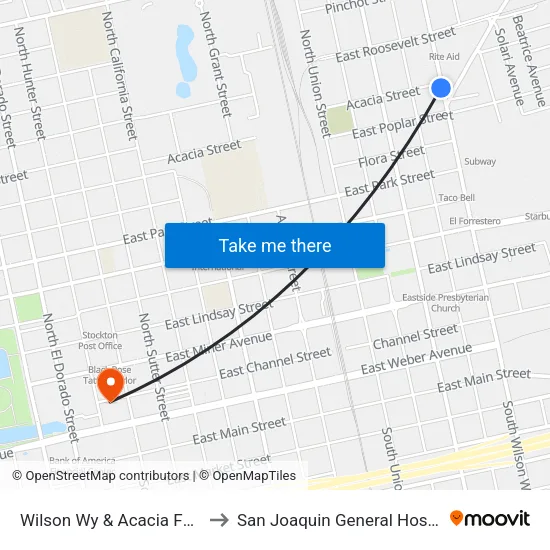 Wilson Wy & Acacia Fs/Sb to San Joaquin General Hospital map