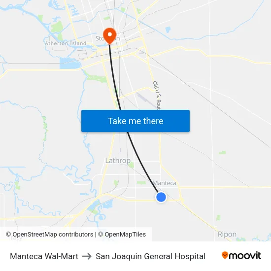 Manteca Wal-Mart to San Joaquin General Hospital map