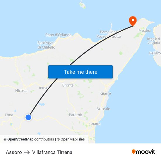 Assoro to Villafranca Tirrena map