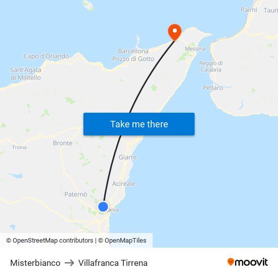 Misterbianco to Villafranca Tirrena map