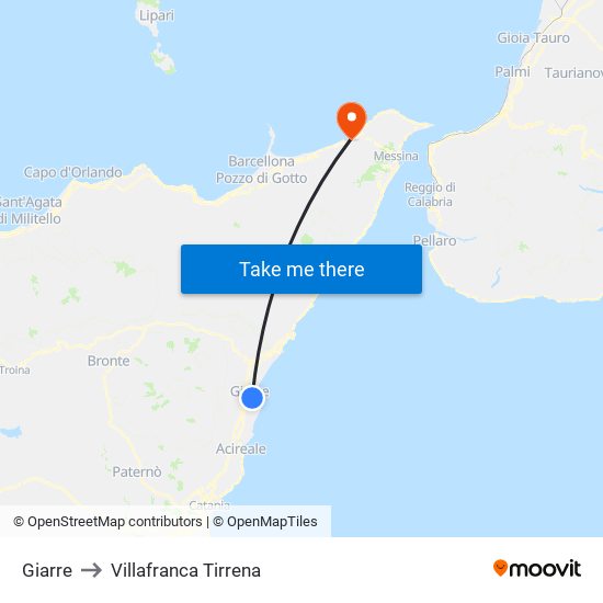 Giarre to Villafranca Tirrena map