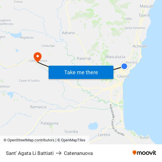 Sant' Agata Li Battiati to Catenanuova map