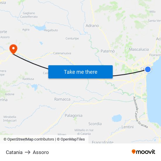 Catania to Assoro map