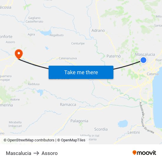 Mascalucia to Assoro map