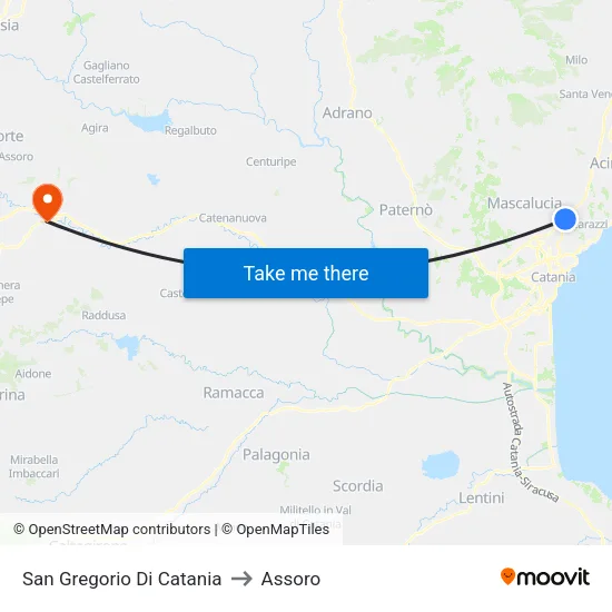 San Gregorio di Catania to Assoro map
