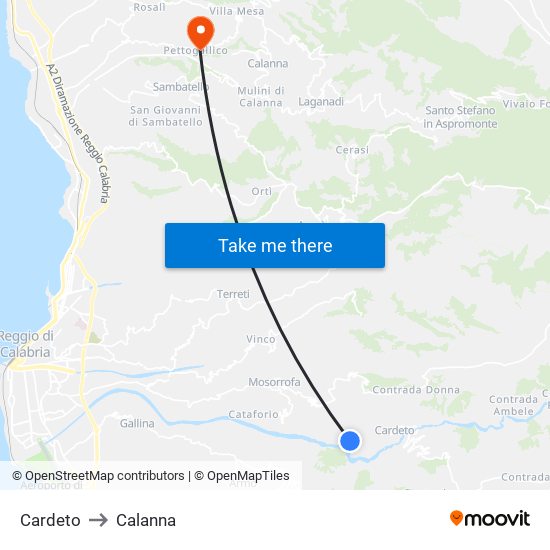 Cardeto to Calanna map