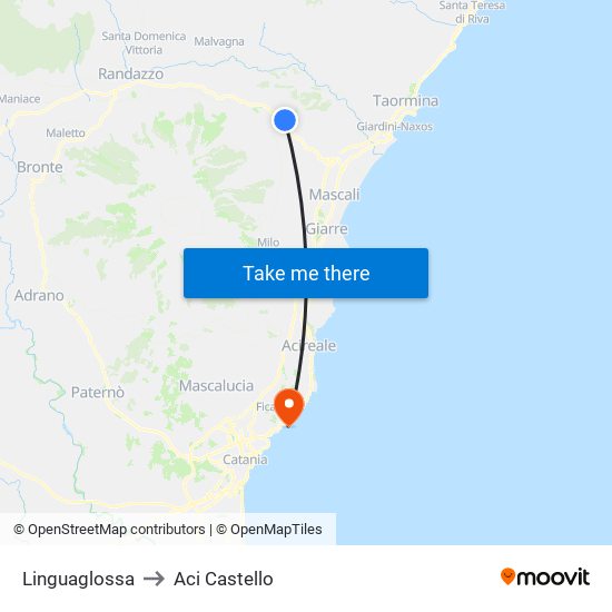 Linguaglossa to Aci Castello map