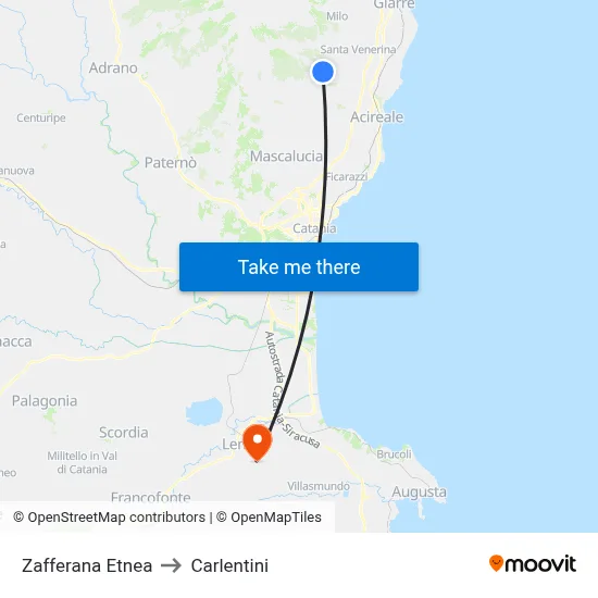 Zafferana Etnea to Carlentini map